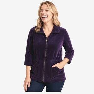 Amanda Smith Sport Jacket Size Medium Purple 3/4 Sleeve Velour Zip Cardigan Top